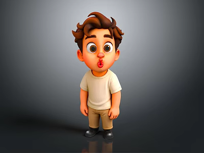 Cartoon Child Brown Curly Hair Big Eyes White T-shirt Khaki Pants Black Shoes Gray Background 3d model