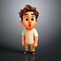 Cartoon Child Brown Curly Hair Big Eyes White T-shirt Khaki Pants Black Shoes Gray Background