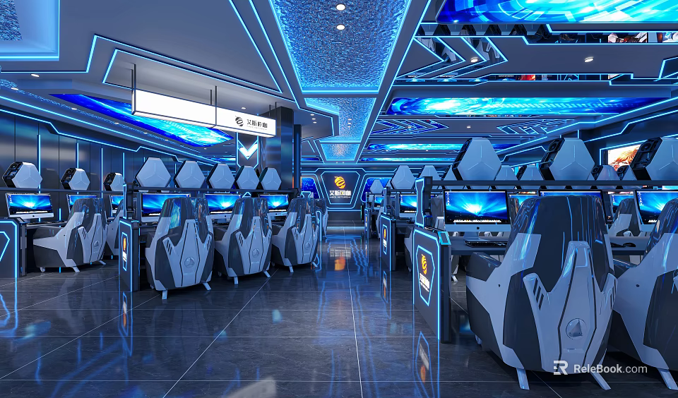 Modern Tech Internet Cafe Interior With Blue Lighting And Comfortable Gaming Seats 3d model 