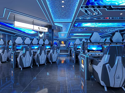 Modern Tech Internet Cafe Interior With Blue Lighting And Comfortable Gaming Seats 3d model