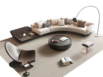 Contemporary L shaped Sofa and Round Coffee Table Set with Pillows Floor Lamp on Carpet 3d model