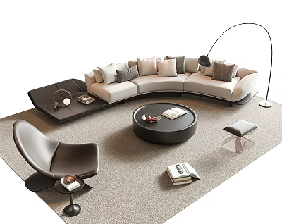Contemporary L shaped Sofa and Round Coffee Table Set with Pillows Floor Lamp on Carpet 3d model