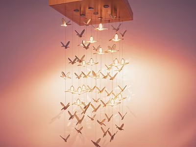 Artistic Butterfly Shaped Chandelier With Wooden Top And Warm Hanging Light Design 3d model