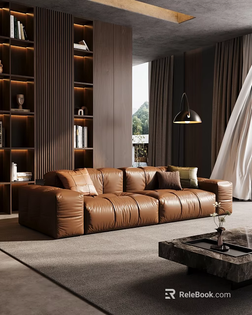Modern Living Room Interior with Brown Leather Sofa Wooden Bookshelf and Mountain View 3d model 