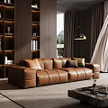 Modern Living Room Interior with Brown Leather Sofa Wooden Bookshelf and Mountain View