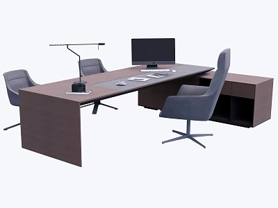 Modern Wooden Office Desk With Computer Monitor Desk Lamp And Gray Chairs 3d model