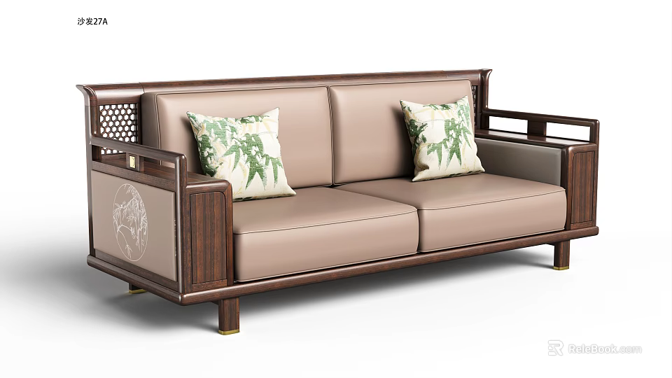 Chinese Style Three Seater Sofa With Wooden Frame Leather Cushions And Green Plant Pattern Pillows 3d model 