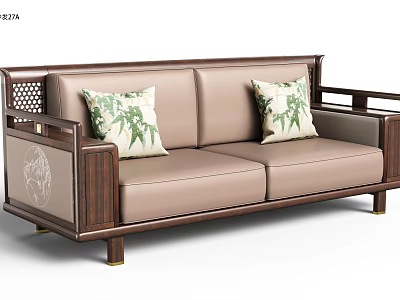 Chinese Style Three Seater Sofa With Wooden Frame Leather Cushions And Green Plant Pattern Pillows 3d model