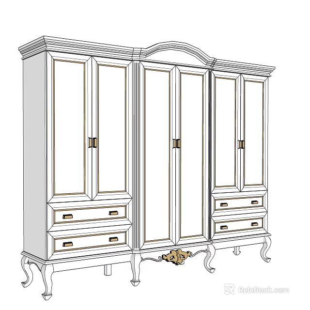 Classic Traditional Wardrobe with Multiple Cabinet Doors Drawers Golden Handles Arched Top and Carved Legs 3d model 