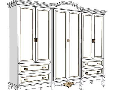 Classic Traditional Wardrobe with Multiple Cabinet Doors Drawers Golden Handles Arched Top and Carved Legs 3d model