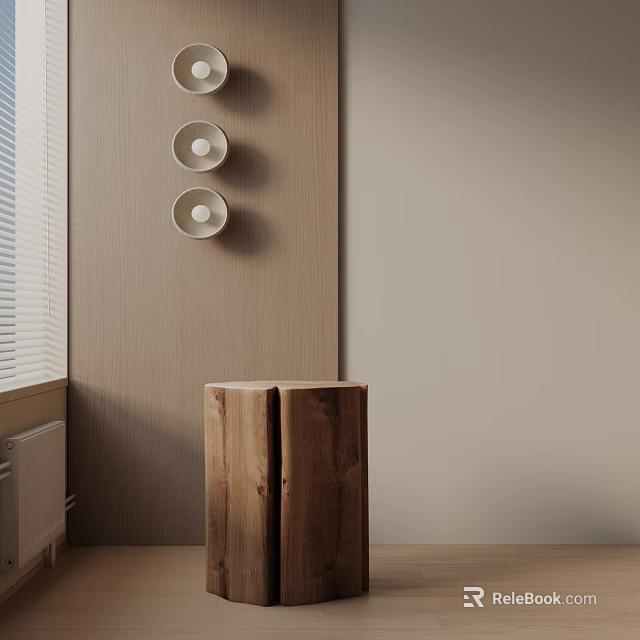 Wooden Side Tables by Window Featuring Wooden Wall Three Round Wall Ornaments and Blinds 3d model 
