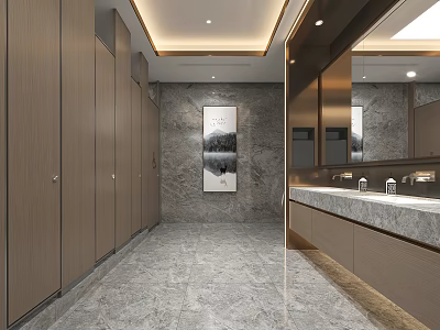 Modern Public Restroom Interior Design With Marble Walls Wooden Stalls And Mirrors 3d model