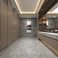 Modern Public Restroom Interior Design With Marble Walls Wooden Stalls And Mirrors
