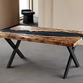 Natural Live Edge Wood Dining Table With Black Resin Inlay And X Shaped Metal Legs