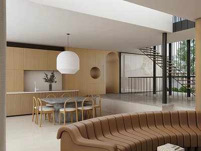 Modern Restaurant Interior With Wooden Cabinets Open Layout Pendant Light And Dining Seating 3d model
