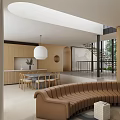 Modern Restaurant Interior With Wooden Cabinets Open Layout Pendant Light And Dining Seating