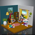 Playful Frog Fox and Cat Sitting in Cozy Room with Plant Window Bookshelf and Furniture