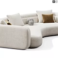 Beige Curved Sectional Sofa With Brown White Pillows And Woven Ball Decor
