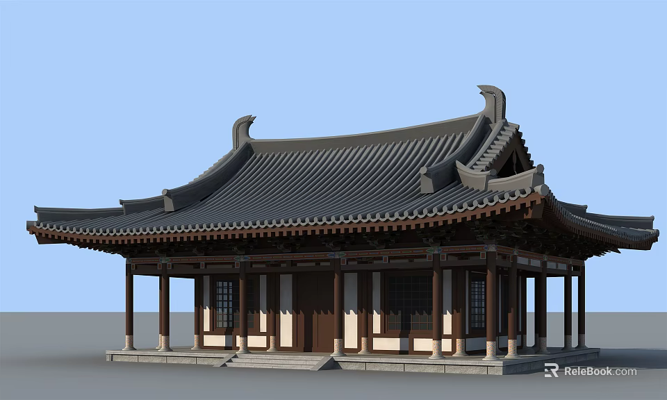 Ancient Chinese Architecture With Curved Eaves Tiled Roof And Wooden Columns 3d model 