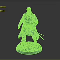 Detailed Man Statue In Long Coat With Armor Holding Dual Swords On Blue Base