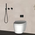White Wall Mounted Modern Toilet With Black Spray Wand In Minimalist Bathroom