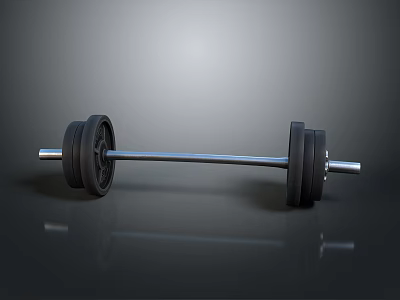 Black Metal Dumbbell With Weight Plates And Metal Bar On Reflective Floor 3d model