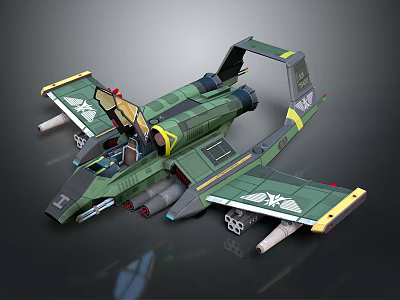 Green Futuristic Military Aircraft 3D Model With Detailed Wings Cockpit And Missiles 3d model
