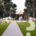 Modern Garden Landscape Design With Green Plants Paved Paths And Recreational Areas