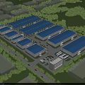Industrial Factory Complex with Multiple Blue Roof Buildings Green Surroundings and Parking Area Layout