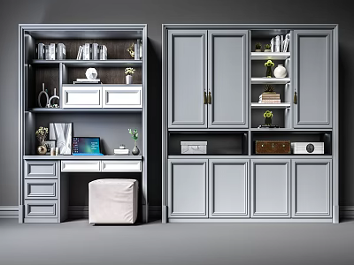 Modern Gray Bookcases With Open Closed Storage Books Decor And Drawers 3d model