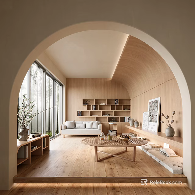 Modern Living Room Interior With Arched Doorway Wooden Walls Large Windows And Bookshelves 3d model 