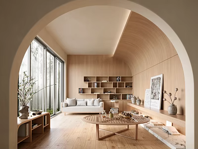 Modern Living Room Interior With Arched Doorway Wooden Walls Large Windows And Bookshelves 3d model