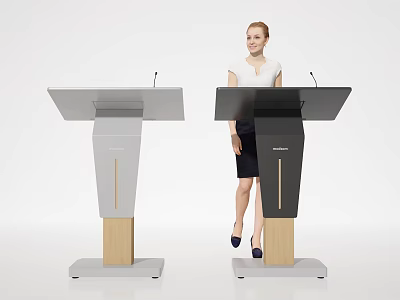 Modern Gray And Black Podiums With Wooden Base And Microphones Woman Standing 3d model