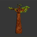 Baobab Tree With Thick Brown Trunk And Green Leafy Branches On Gray Background