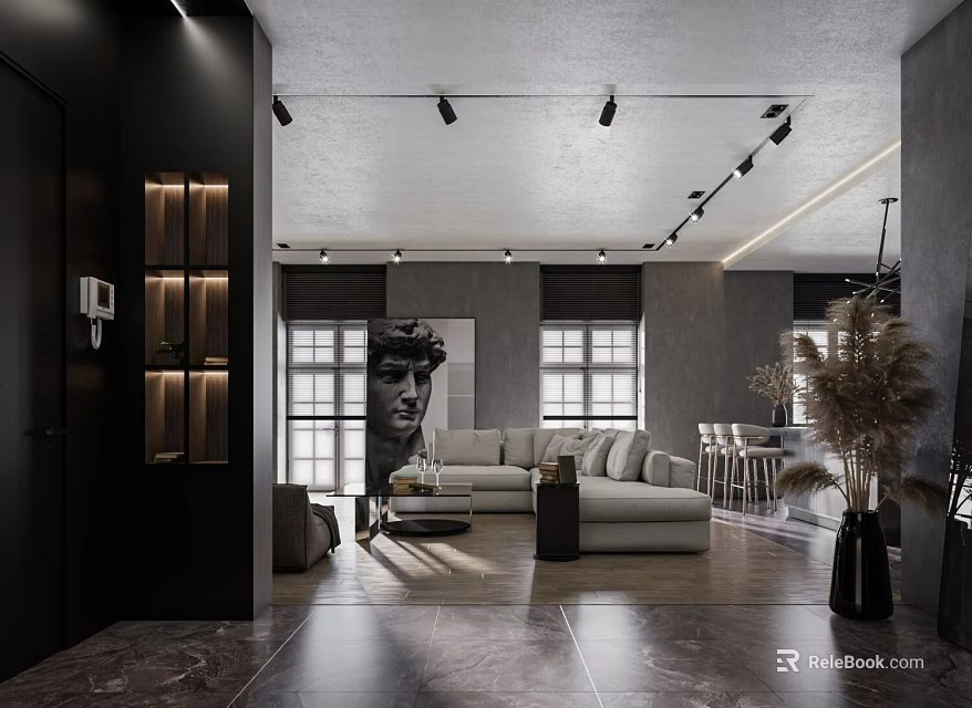 Modern Living Dining Room Interior With Gray Sofa Large Windows Art Painting And Track Lights 3d model 