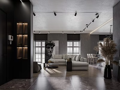 Modern Living Dining Room Interior With Gray Sofa Large Windows Art Painting And Track Lights 3d model