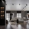 Modern Living Dining Room Interior With Gray Sofa Large Windows Art Painting And Track Lights