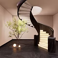 Modern Spiral Staircase Interior Design With Green Plants And Warm Lighting