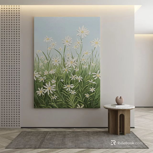 Modern Interior Botanical Painting On Wall With White Daisies Green Grass And Small Round Table 3d model 