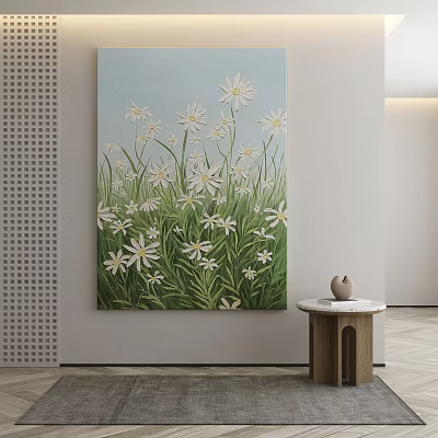 Modern Interior Botanical Painting On Wall With White Daisies Green Grass And Small Round Table 3d model