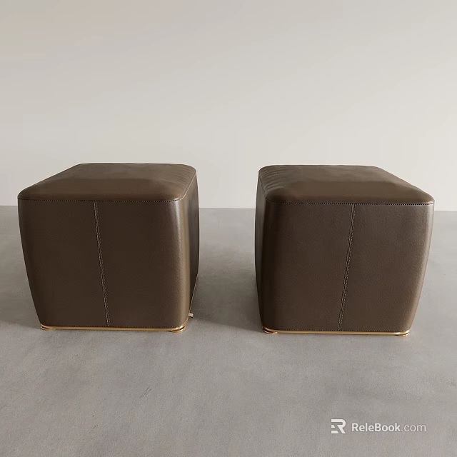 Two Square Brown Leather Ottomans with Gold Legs Modern Design 3d model 
