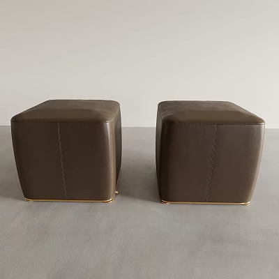 Two Square Brown Leather Ottomans with Gold Legs Modern Design 3d model