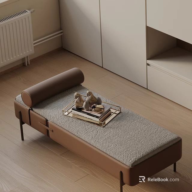 Modern Sofa Bench With Brown Frame Gray Textured Cushion And Decorative Figurines On Tray 3d model 