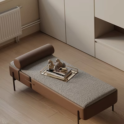 Modern Sofa Bench With Brown Frame Gray Textured Cushion And Decorative Figurines On Tray 3d model