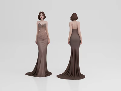 Elegant Woman Wearing Brown Long Slim Fit Dress Front And Back View 3d model