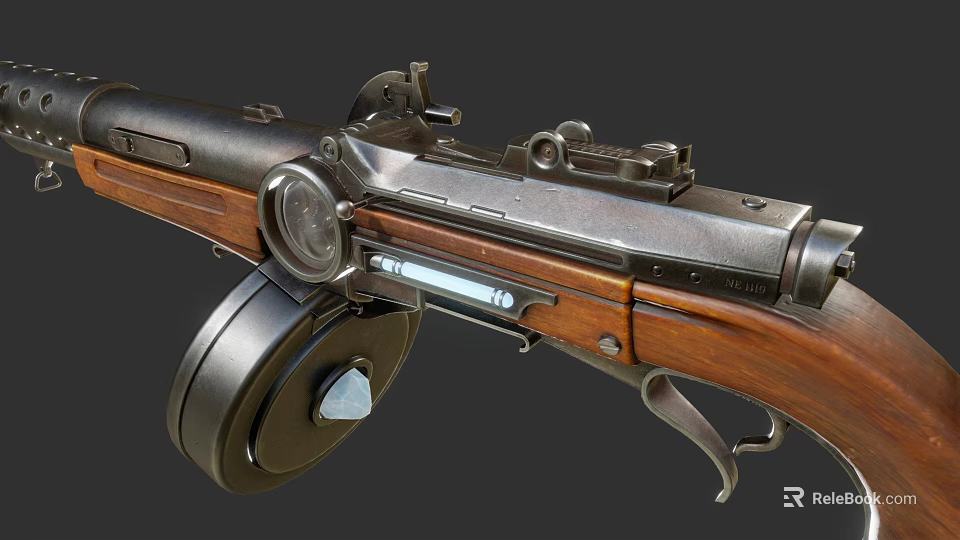 Detailed View of Vintage Rifle with Wooden Stock Metal Components Drum Magazine and Sight 3d model 