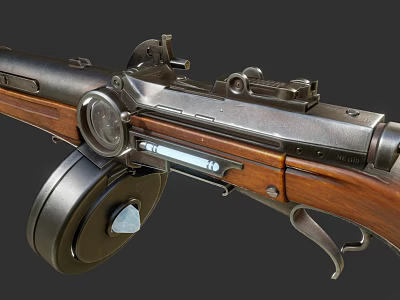 Detailed View of Vintage Rifle with Wooden Stock Metal Components Drum Magazine and Sight 3d model