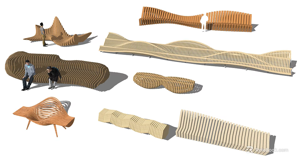 Stylish Outdoor Chairs with Wooden Striped Design and Curved Ergonomic Shapes 3d model 
