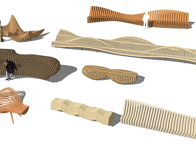 Stylish Outdoor Chairs with Wooden Striped Design and Curved Ergonomic Shapes 3d model
