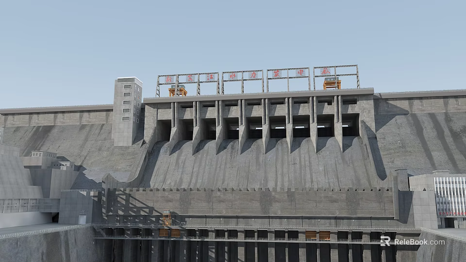 Massive Hydroelectric Dam With Concrete Spillway Gates And Water Control System 3d model 